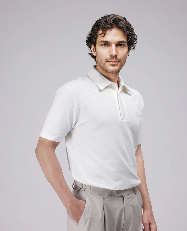 Rare Rabbit Men's Ariolo White Cotton Blend Fabric Half Sleeve Spread Collar Regular Fit Plain Polo