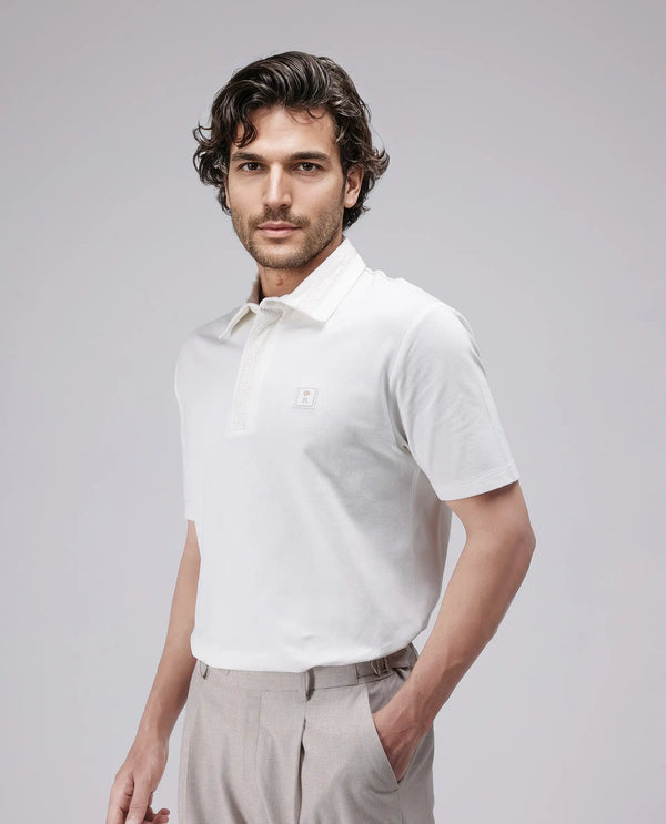 Rare Rabbit Men's Ariolo White Cotton Blend Fabric Half Sleeve Spread Collar Regular Fit Plain Polo