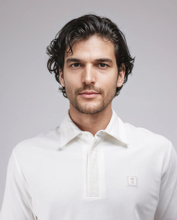 Rare Rabbit Men's Ariolo White Cotton Blend Fabric Half Sleeve Spread Collar Regular Fit Plain Polo
