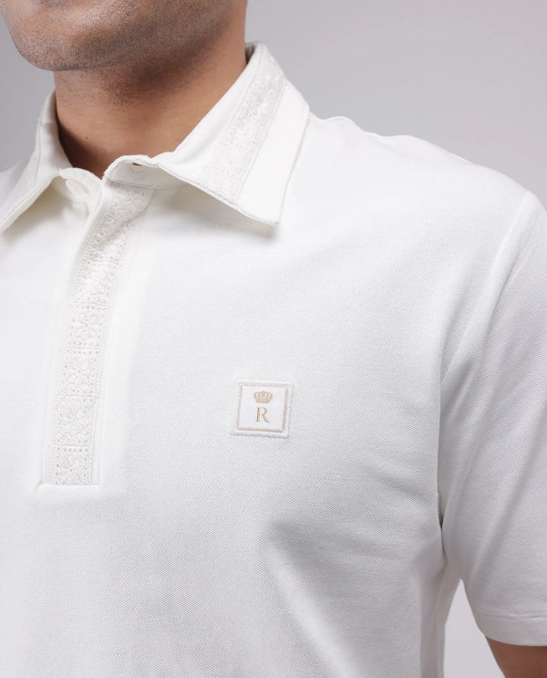 Rare Rabbit Men's Ariolo White Cotton Blend Fabric Half Sleeve Spread Collar Regular Fit Plain Polo