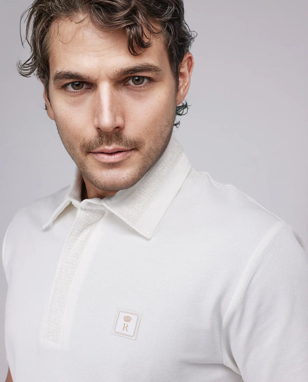 Rare Rabbit Men's Ariolo White Cotton Blend Fabric Half Sleeve Spread Collar Regular Fit Plain Polo