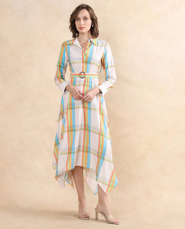 Rareism Women Ariska Multi Nylon Viscose Fabric Cuffed Sleeve Collared Neck Button Closure Fit And Flare Maxi Printed Dress