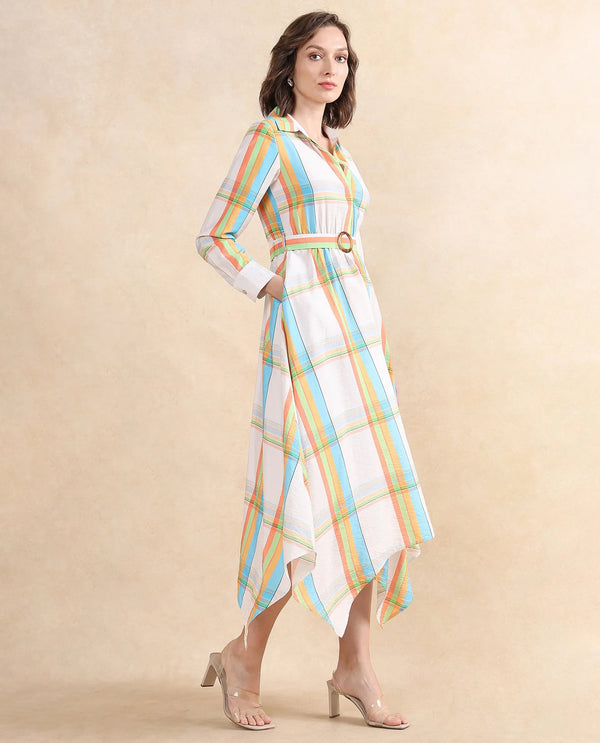 Rareism Women Ariska Multi Nylon Viscose Fabric Cuffed Sleeve Collared Neck Button Closure Fit And Flare Maxi Printed Dress