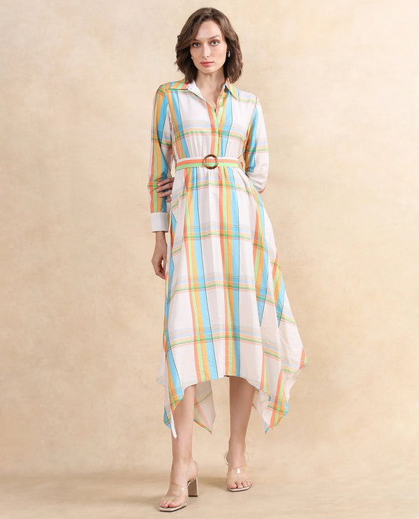 Rareism Women Ariska Multi Nylon Viscose Fabric Cuffed Sleeve Collared Neck Button Closure Fit And Flare Maxi Printed Dress