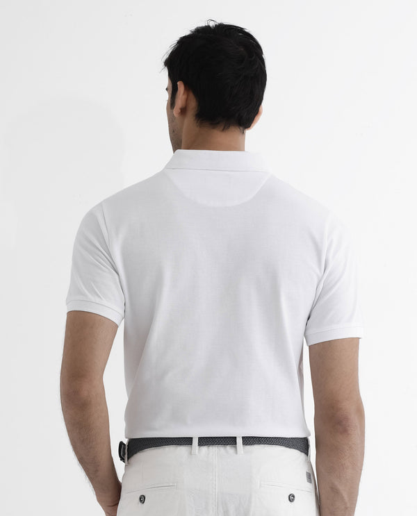 Rare Rabbit Men's Ark White Cotton Fabric Short Sleeve Button Closure Regular Fit Plain Polo T-Shirt