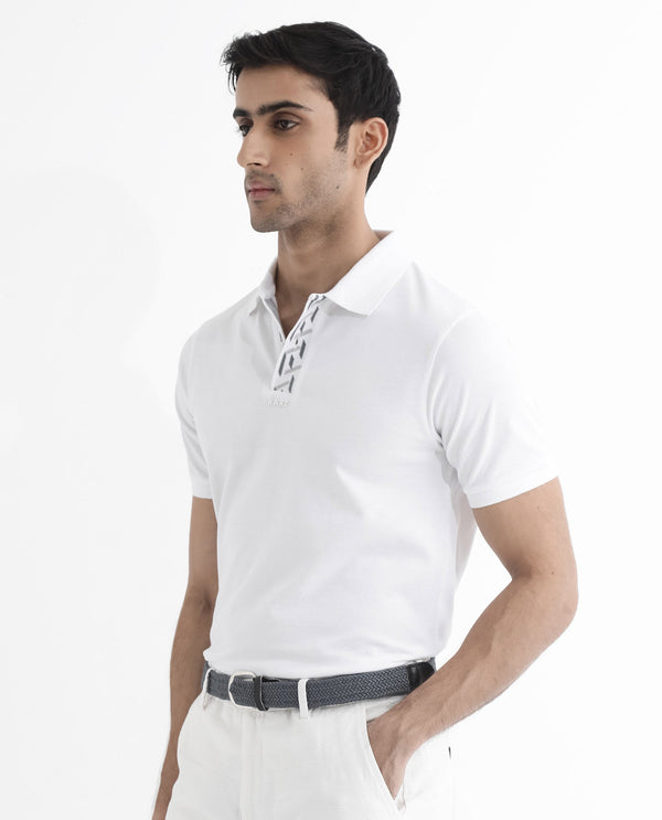 Rare Rabbit Men's Ark White Cotton Fabric Short Sleeve Button Closure Regular Fit Plain Polo T-Shirt