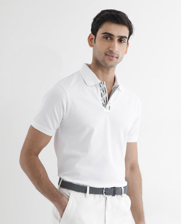 Rare Rabbit Men's Ark White Cotton Fabric Short Sleeve Button Closure Regular Fit Plain Polo T-Shirt