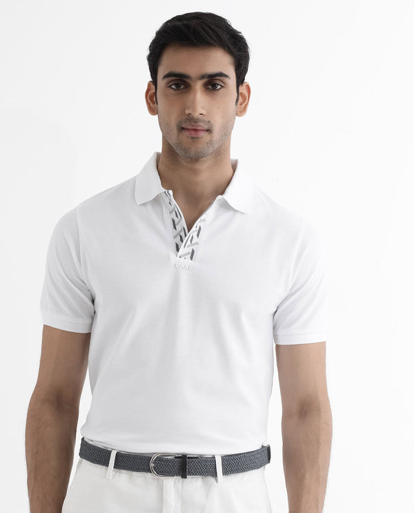 Rare Rabbit Men's Ark White Cotton Fabric Short Sleeve Button Closure Regular Fit Plain Polo T-Shirt
