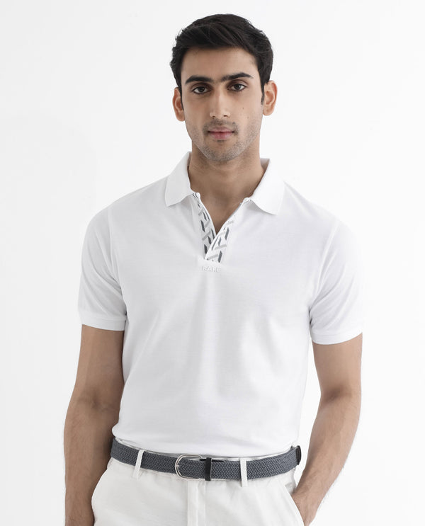 Rare Rabbit Men's Ark White Cotton Fabric Short Sleeve Button Closure Regular Fit Plain Polo T-Shirt