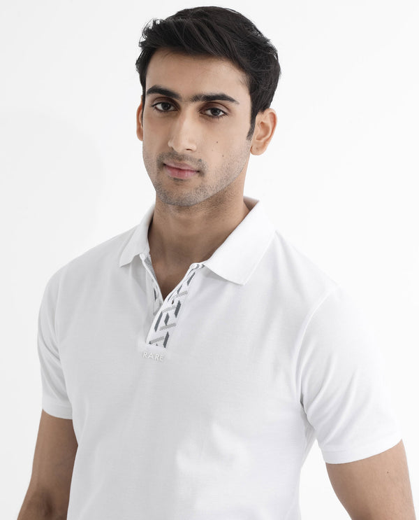 Rare Rabbit Men's Ark White Cotton Fabric Short Sleeve Button Closure Regular Fit Plain Polo T-Shirt