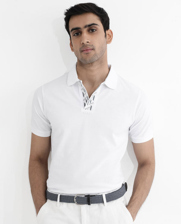Rare Rabbit Men's Ark White Cotton Fabric Short Sleeve Button Closure Regular Fit Plain Polo T-Shirt