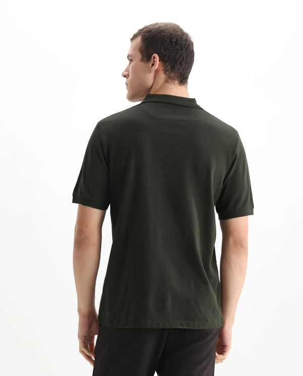 Rare Rabbit Men's Ark Dark Olive Cotton Fabric Short Sleeve Button Closure Regular Fit Plain Polo T-Shirt