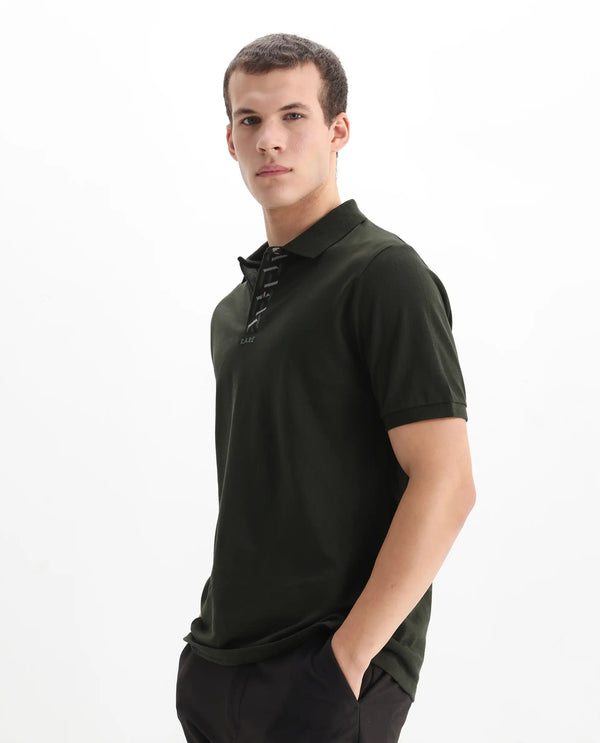 Rare Rabbit Men's Ark Dark Olive Cotton Fabric Short Sleeve Button Closure Regular Fit Plain Polo T-Shirt