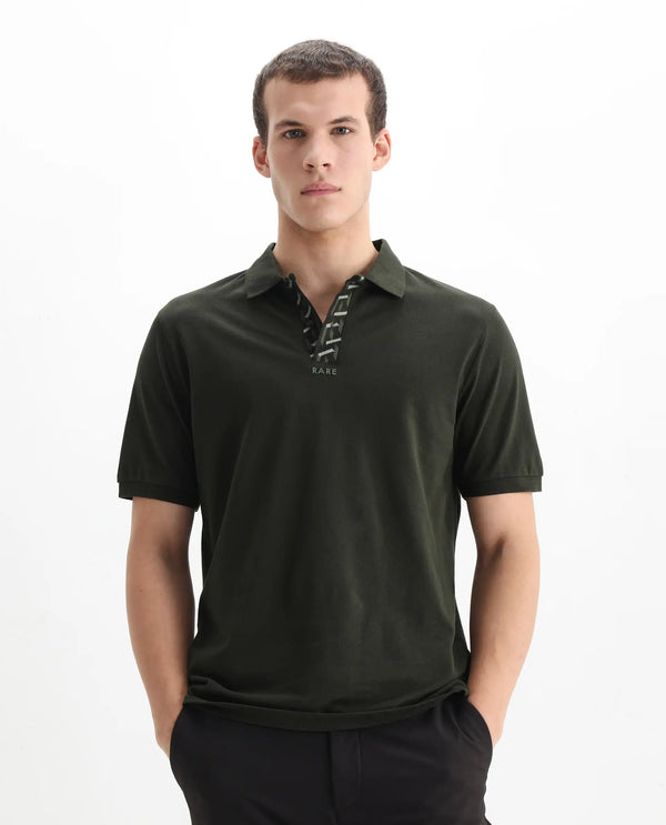 Rare Rabbit Men's Ark Dark Olive Cotton Fabric Short Sleeve Button Closure Regular Fit Plain Polo T-Shirt