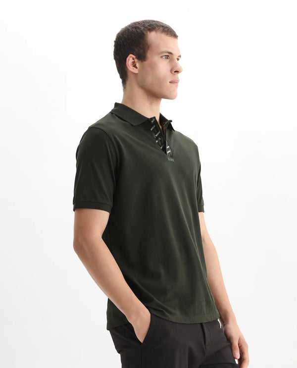 Rare Rabbit Men's Ark Dark Olive Cotton Fabric Short Sleeve Button Closure Regular Fit Plain Polo T-Shirt