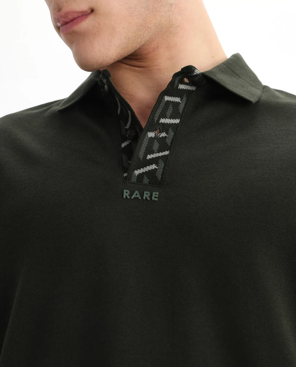 Rare Rabbit Men's Ark Dark Olive Cotton Fabric Short Sleeve Button Closure Regular Fit Plain Polo T-Shirt