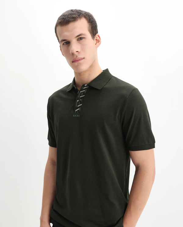 Rare Rabbit Men's Ark Dark Olive Cotton Fabric Short Sleeve Button Closure Regular Fit Plain Polo T-Shirt