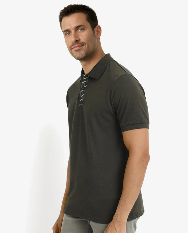 Rare Rabbit Men's Ark Dark Olive Cotton Fabric Short Sleeve Button Closure Regular Fit Plain Polo T-Shirt