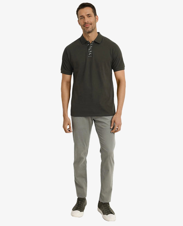 Rare Rabbit Men's Ark Dark Olive Cotton Fabric Short Sleeve Button Closure Regular Fit Plain Polo T-Shirt