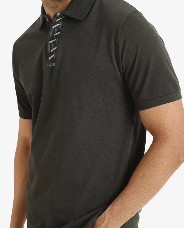 Rare Rabbit Men's Ark Dark Olive Cotton Fabric Short Sleeve Button Closure Regular Fit Plain Polo T-Shirt