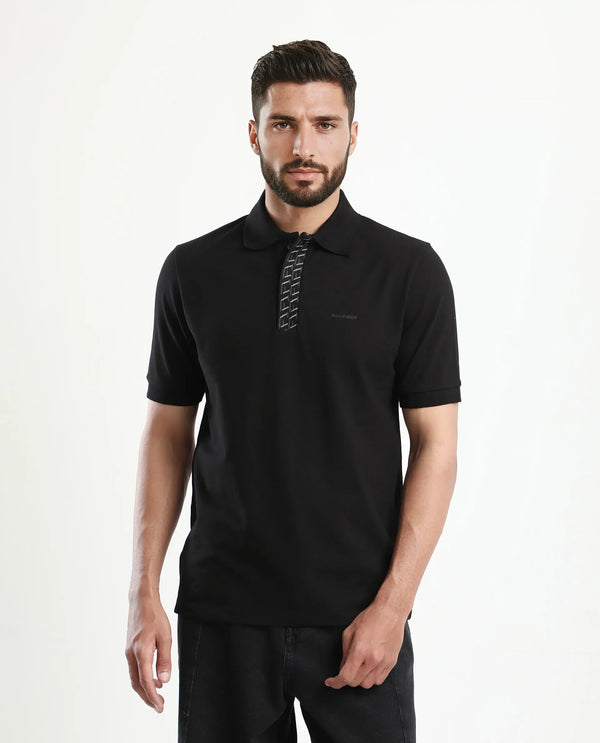 Rare Rabbit Men Arko Black Cotton Blend Fabric Short Sleeve Regular Collared with Jacquard Placket Button Closure Plain Polo T-Shirt