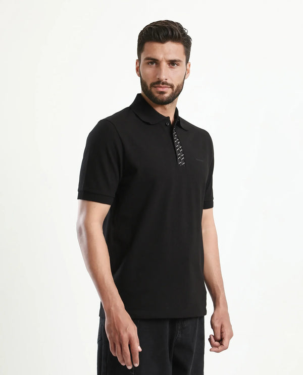 Rare Rabbit Men Arko Black Cotton Blend Fabric Short Sleeve Regular Collared with Jacquard Placket Button Closure Plain Polo T-Shirt
