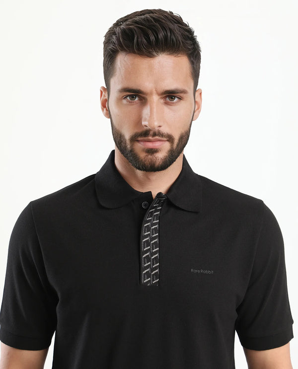 Rare Rabbit Men Arko Black Cotton Blend Fabric Short Sleeve Regular Collared with Jacquard Placket Button Closure Plain Polo T-Shirt