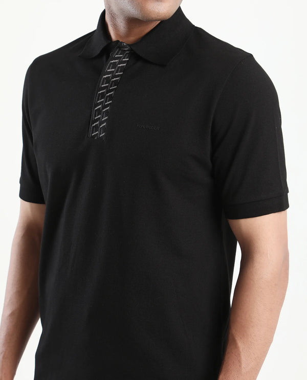 Rare Rabbit Men Arko Black Cotton Blend Fabric Short Sleeve Regular Collared with Jacquard Placket Button Closure Plain Polo T-Shirt