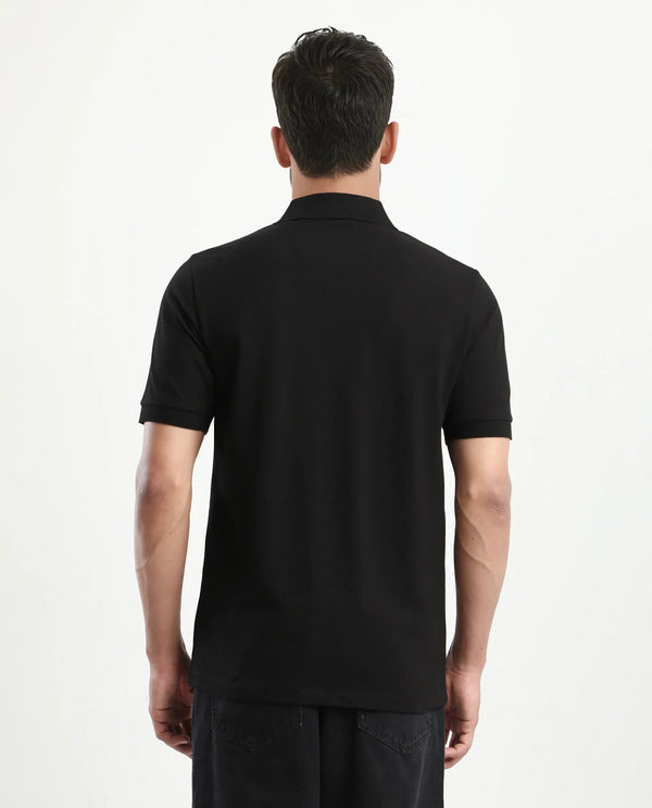 Rare Rabbit Men Arko Black Cotton Blend Fabric Short Sleeve Regular Collared with Jacquard Placket Button Closure Plain Polo T-Shirt