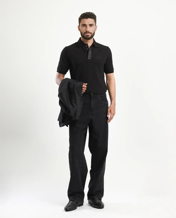 Rare Rabbit Men Arko Black Cotton Blend Fabric Short Sleeve Regular Collared with Jacquard Placket Button Closure Plain Polo T-Shirt