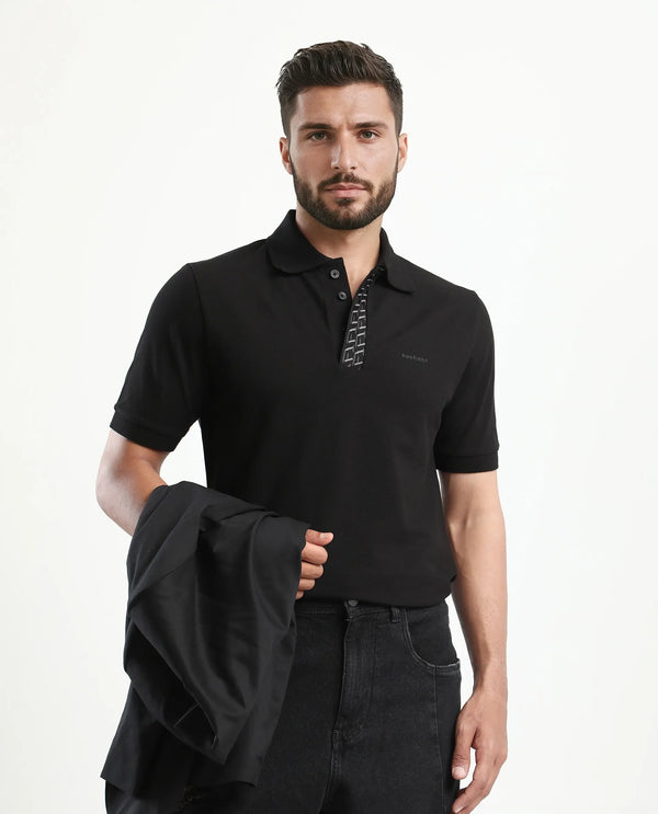 Rare Rabbit Men Arko Black Cotton Blend Fabric Short Sleeve Regular Collared with Jacquard Placket Button Closure Plain Polo T-Shirt