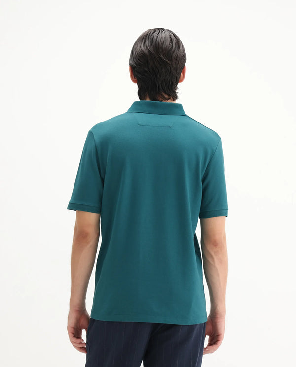 Rare Rabbit Men Arko Green Cotton Blend Fabric Short Sleeve Regular Collared with Jacquard Placket Button Closure Plain Polo T-Shirt