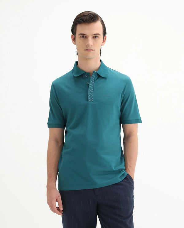Rare Rabbit Men Arko Green Cotton Blend Fabric Short Sleeve Regular Collared with Jacquard Placket Button Closure Plain Polo T-Shirt