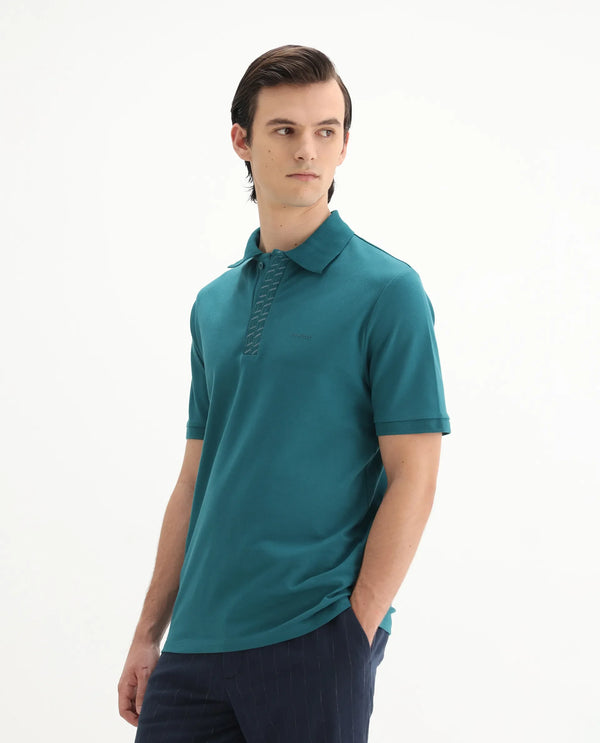 Rare Rabbit Men Arko Green Cotton Blend Fabric Short Sleeve Regular Collared with Jacquard Placket Button Closure Plain Polo T-Shirt