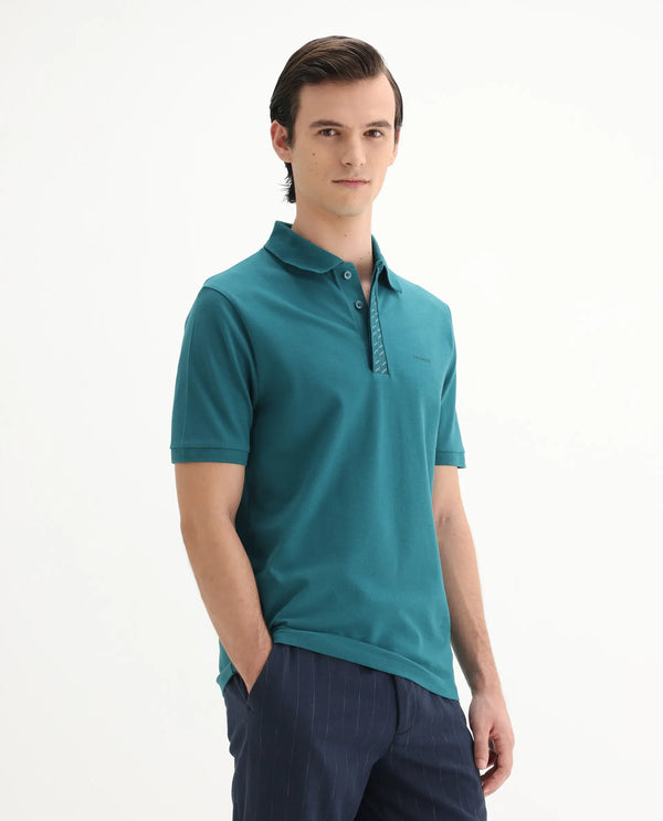 Rare Rabbit Men Arko Green Cotton Blend Fabric Short Sleeve Regular Collared with Jacquard Placket Button Closure Plain Polo T-Shirt