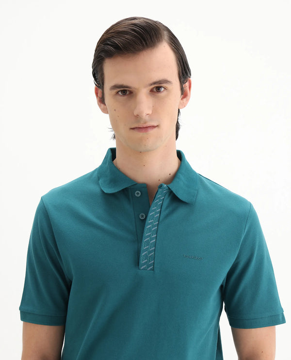 Rare Rabbit Men Arko Green Cotton Blend Fabric Short Sleeve Regular Collared with Jacquard Placket Button Closure Plain Polo T-Shirt