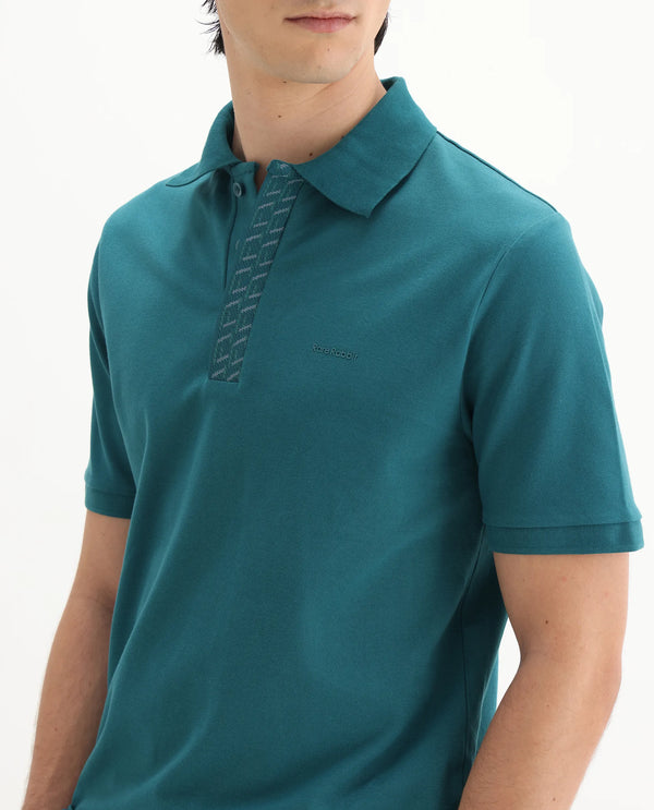 Rare Rabbit Men Arko Green Cotton Blend Fabric Short Sleeve Regular Collared with Jacquard Placket Button Closure Plain Polo T-Shirt