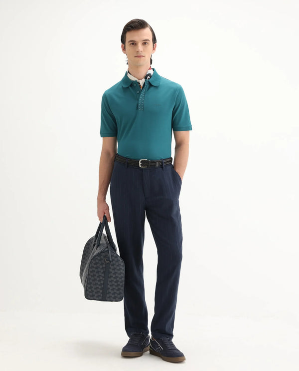 Rare Rabbit Men Arko Green Cotton Blend Fabric Short Sleeve Regular Collared with Jacquard Placket Button Closure Plain Polo T-Shirt