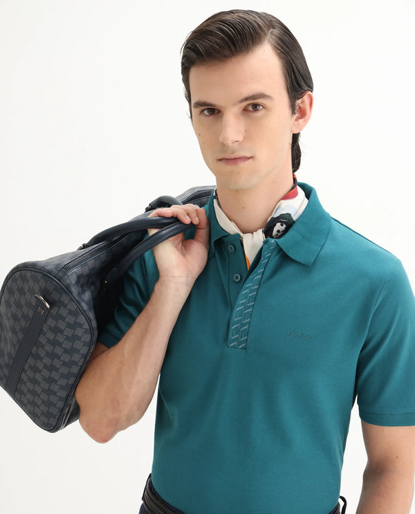 Rare Rabbit Men Arko Green Cotton Blend Fabric Short Sleeve Regular Collared with Jacquard Placket Button Closure Plain Polo T-Shirt