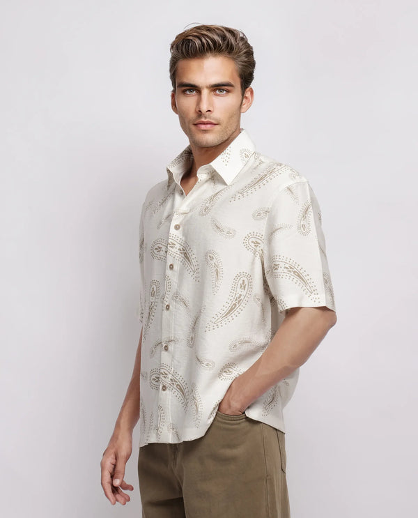Rare Rabbit Men's Arkora Offwhite Cotton Fabric Short Sleeve Collared Neck Button Closure Paisley Shirt
