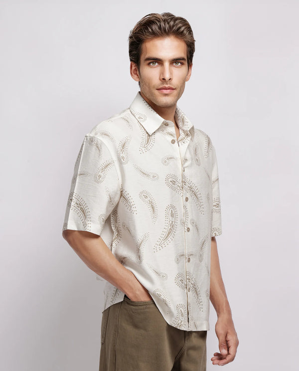 Rare Rabbit Men's Arkora Offwhite Cotton Fabric Short Sleeve Collared Neck Button Closure Paisley Shirt