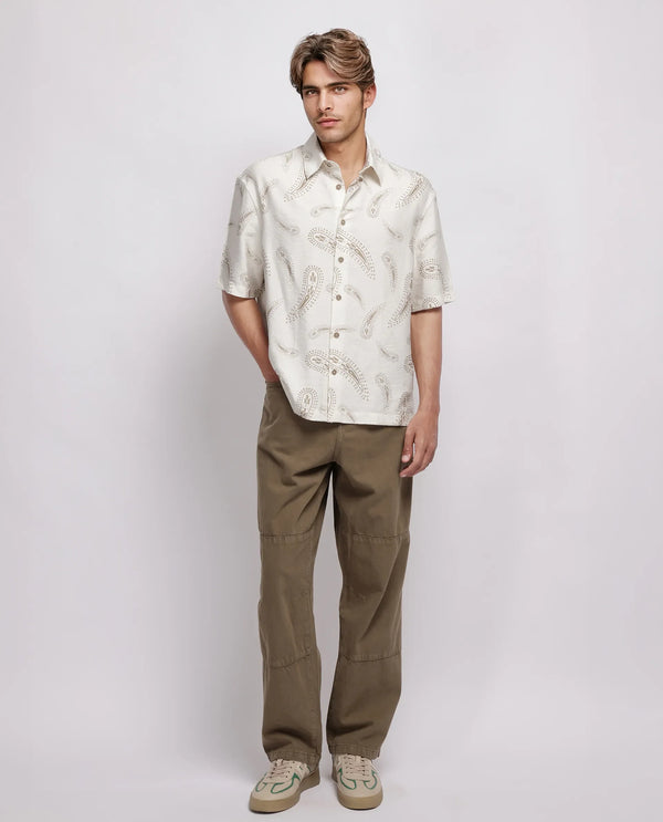 Rare Rabbit Men's Arkora Offwhite Cotton Fabric Short Sleeve Collared Neck Button Closure Paisley Shirt