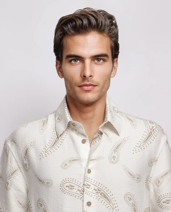 Rare Rabbit Men's Arkora Offwhite Cotton Fabric Short Sleeve Collared Neck Button Closure Paisley Shirt