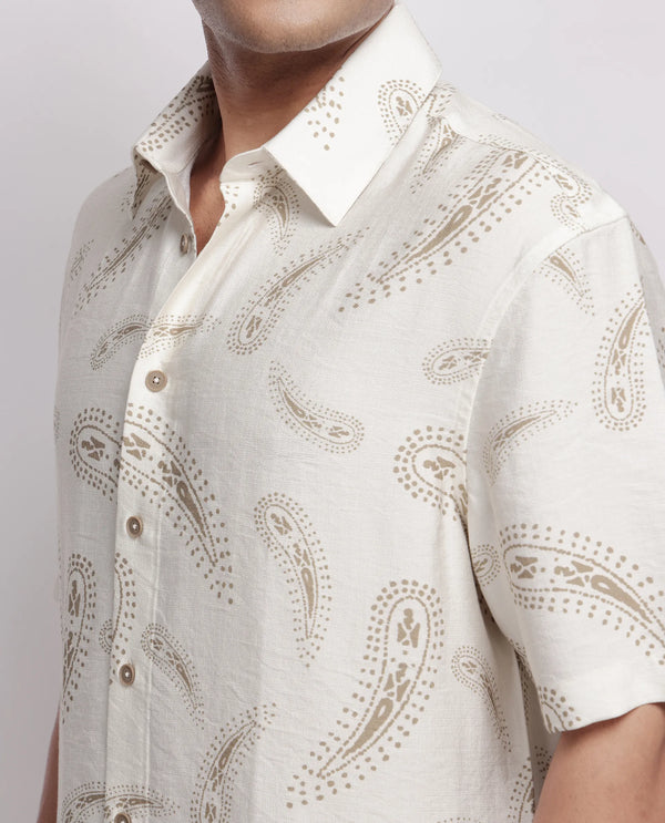 Rare Rabbit Men's Arkora Offwhite Cotton Fabric Short Sleeve Collared Neck Button Closure Paisley Shirt