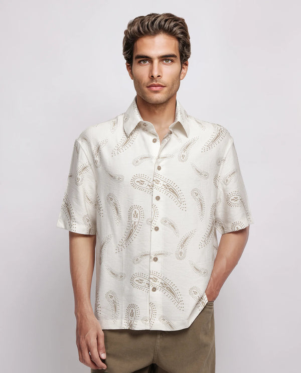 Rare Rabbit Men's Arkora Offwhite Cotton Fabric Short Sleeve Collared Neck Button Closure Paisley Shirt