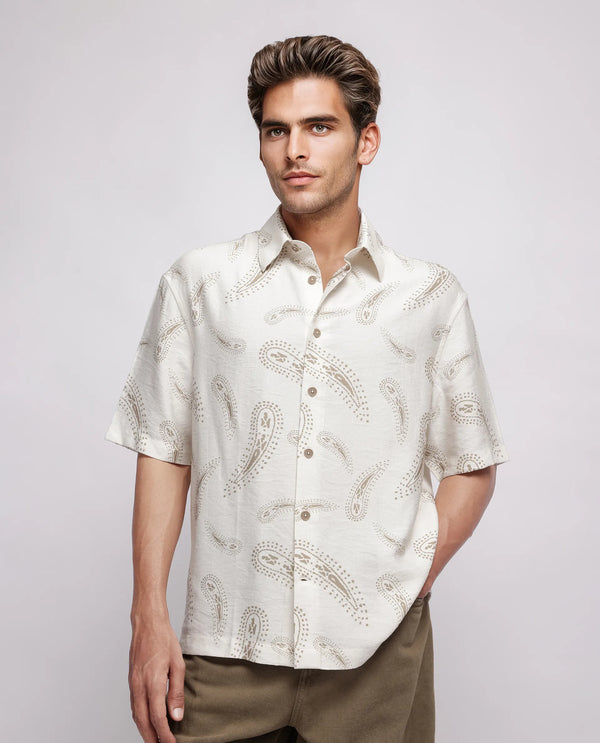 Rare Rabbit Men's Arkora Offwhite Cotton Fabric Short Sleeve Collared Neck Button Closure Paisley Shirt