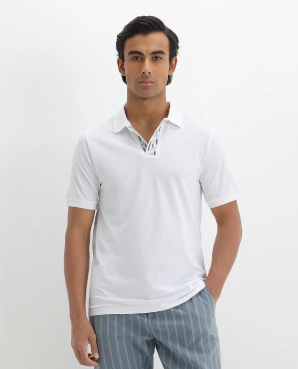 Rare Rabbit Men's Ark White Cotton Fabric Short Sleeve Button Closure Regular Fit Plain Polo T-Shirt