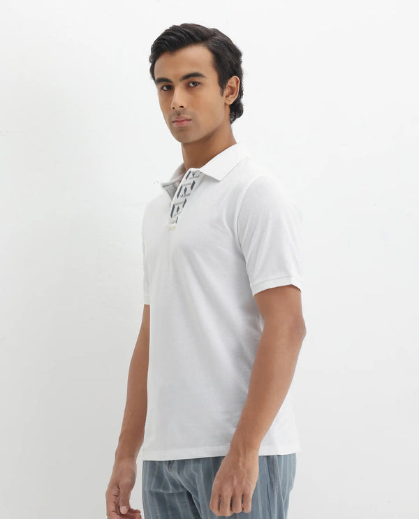 Rare Rabbit Men's Ark White Cotton Fabric Short Sleeve Button Closure Regular Fit Plain Polo T-Shirt