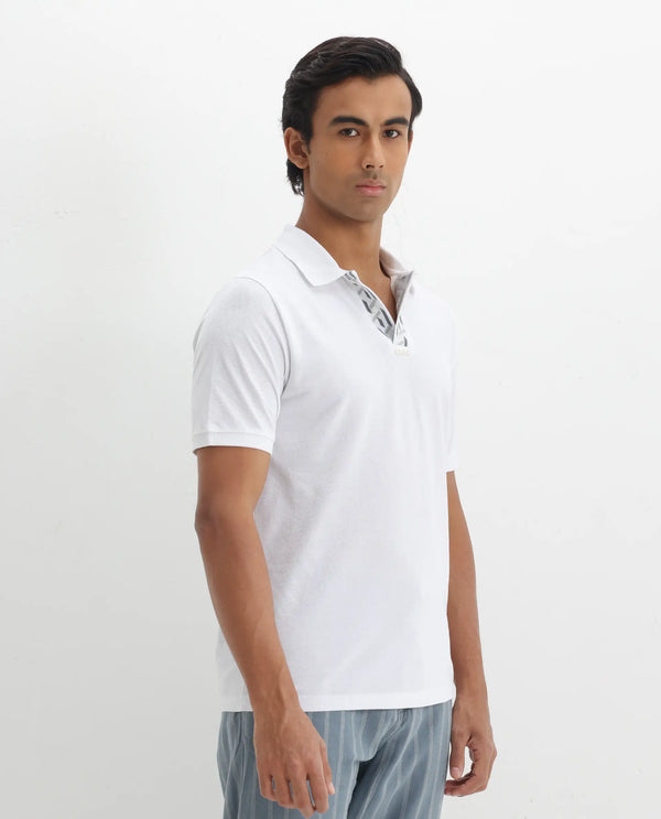 Rare Rabbit Men's Ark White Cotton Fabric Short Sleeve Button Closure Regular Fit Plain Polo T-Shirt