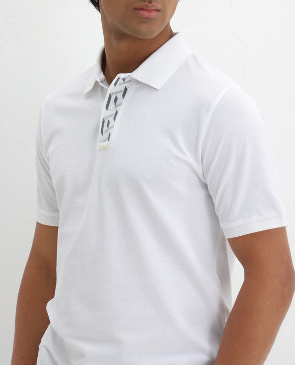 Rare Rabbit Men's Ark White Cotton Fabric Short Sleeve Button Closure Regular Fit Plain Polo T-Shirt